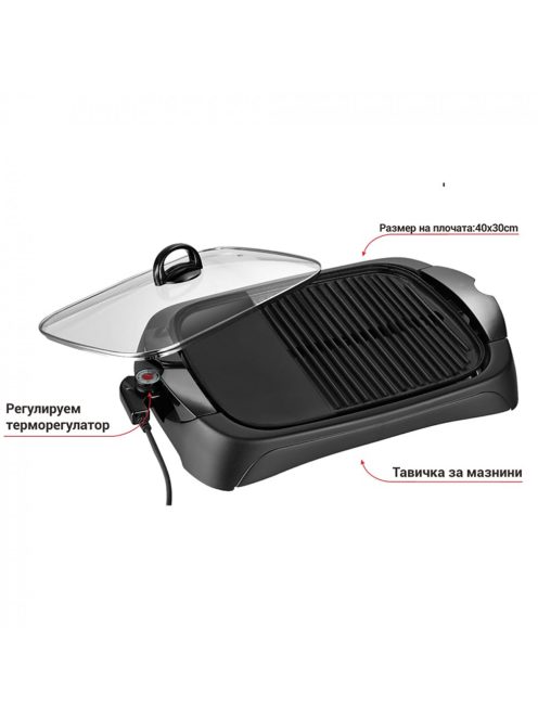 Електрическа скара ZEPHYR ZP 1015 O, 2000W, 2 зони за печене, Стъклен капак, Термостат, Черен - Модел G8295