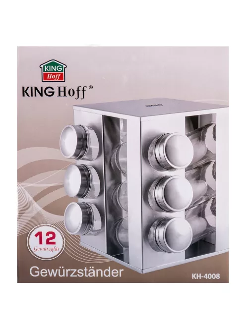 Поставка за подправки KingHoff KH 4008, 12 бр. бурканчета, 3 нива, Въртяща се основа, Сребрист - Код G8596